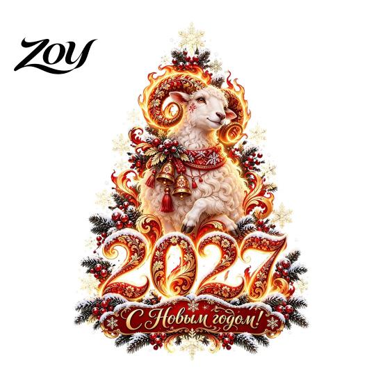 Adhesive Free Window Stickers 2027 New Year Flame Goat Static Glass Sticker, PVC Zodiac Sheep Cling with Pine Branches Red Berries and Decorative Film