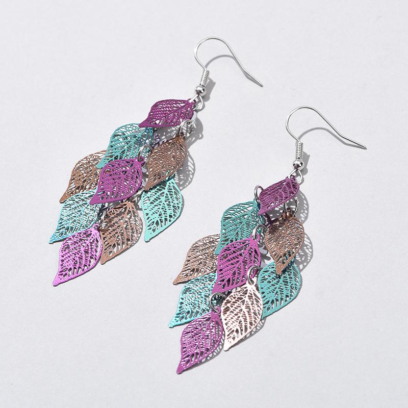 Vintage Hollow Leaves Drop Earrings for Women Bohemian Colorful Long Dangle Earrings 2024 Fashion Zircon Boucle Oreille Femme