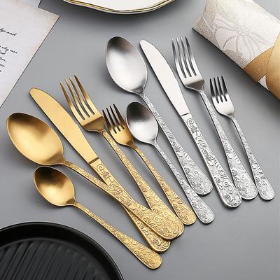 Acciaio Inossidabile Sabbiato Tavola Retrò Motivo Floreale Coltello da Bistecca Forchetta Cucchiaio da Dessert Cucchiaino Posate Occidentali Utensili da Cucina