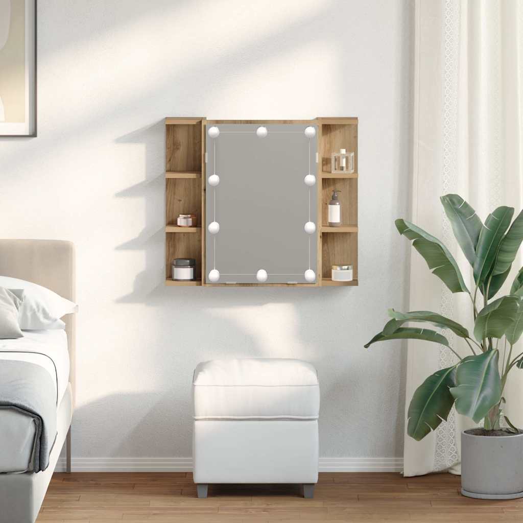 Mirror Cabinet with LED Lighting Artisan Oak Finish 70 X 16.5 X 60 Cm