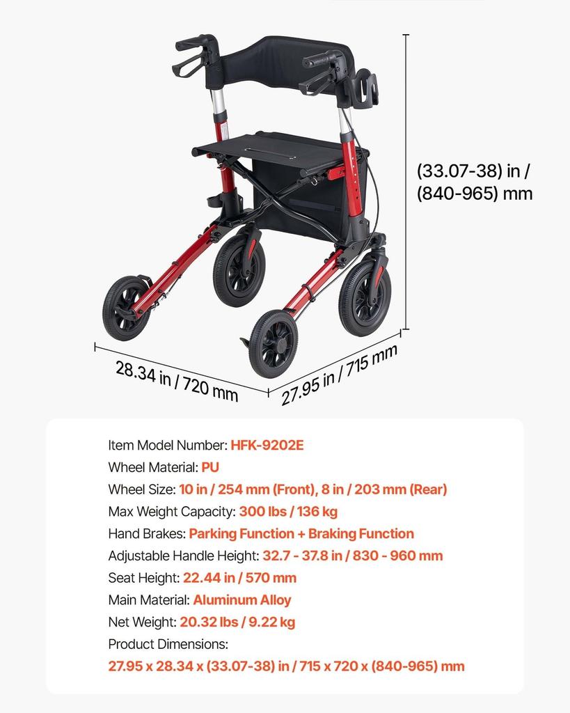 Rollator Walker with Seat for Seniors, Ultra Compact 3-Fold Rolling Walker, Lightweight Aluminum Mobility Walking Aid with PU Solid Wheels, Adjustable