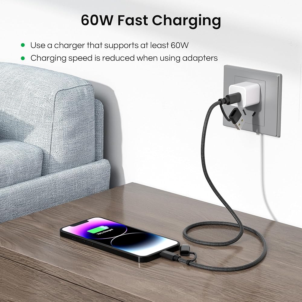 Basesailor 4 in 1 USB Type C Charging Cable 3M 60W Fast Charging Cord Type C Lightning Micro USB ...