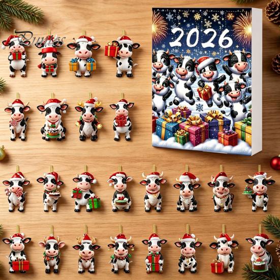 Decorative Ornaments for Backpacks Keys Christmas Cow Ornament Advent Calendar 2026, 24 Days 2D Acrylic Hanging Pendant Creative Holiday Gift