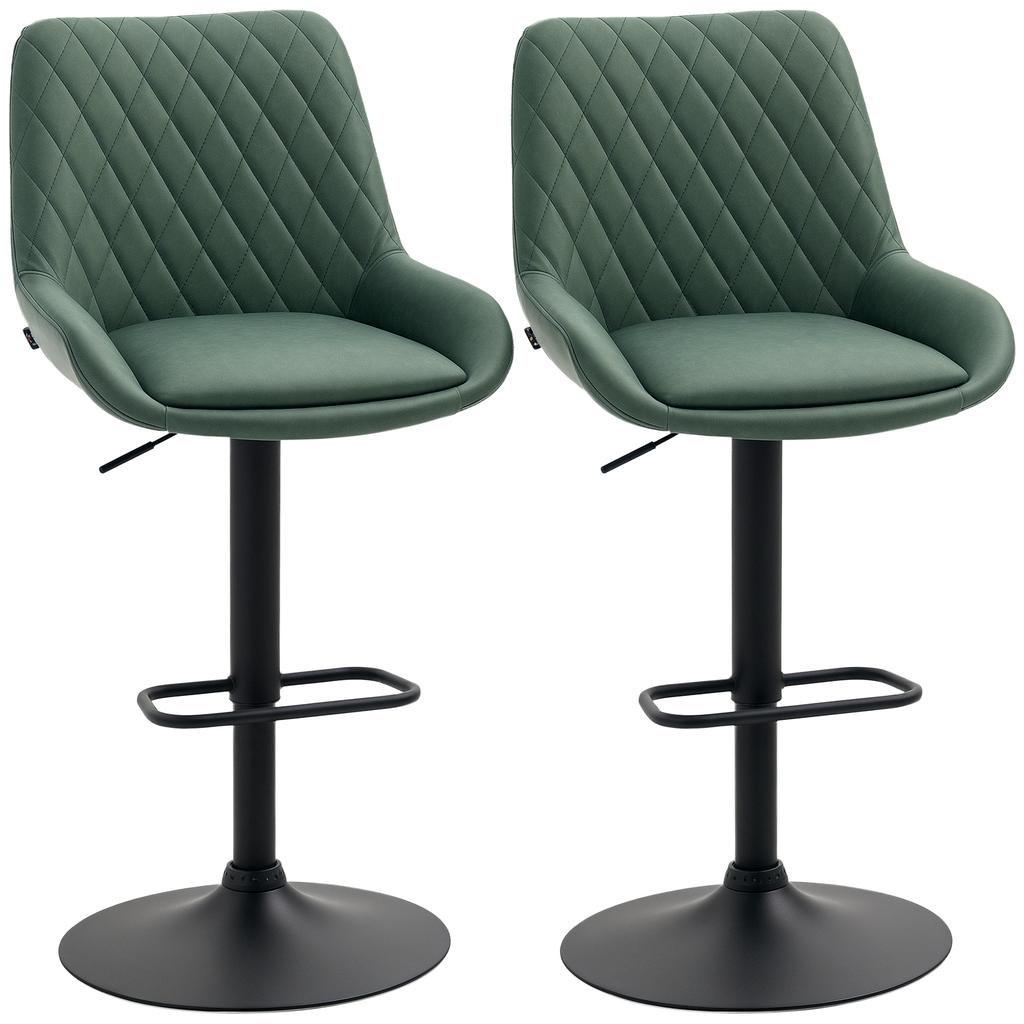 Retro Bar Stools Set of 2, Adjustable Kitchen Stool, Upholstered Bar Chairs with Back, Swivel Seat, Green