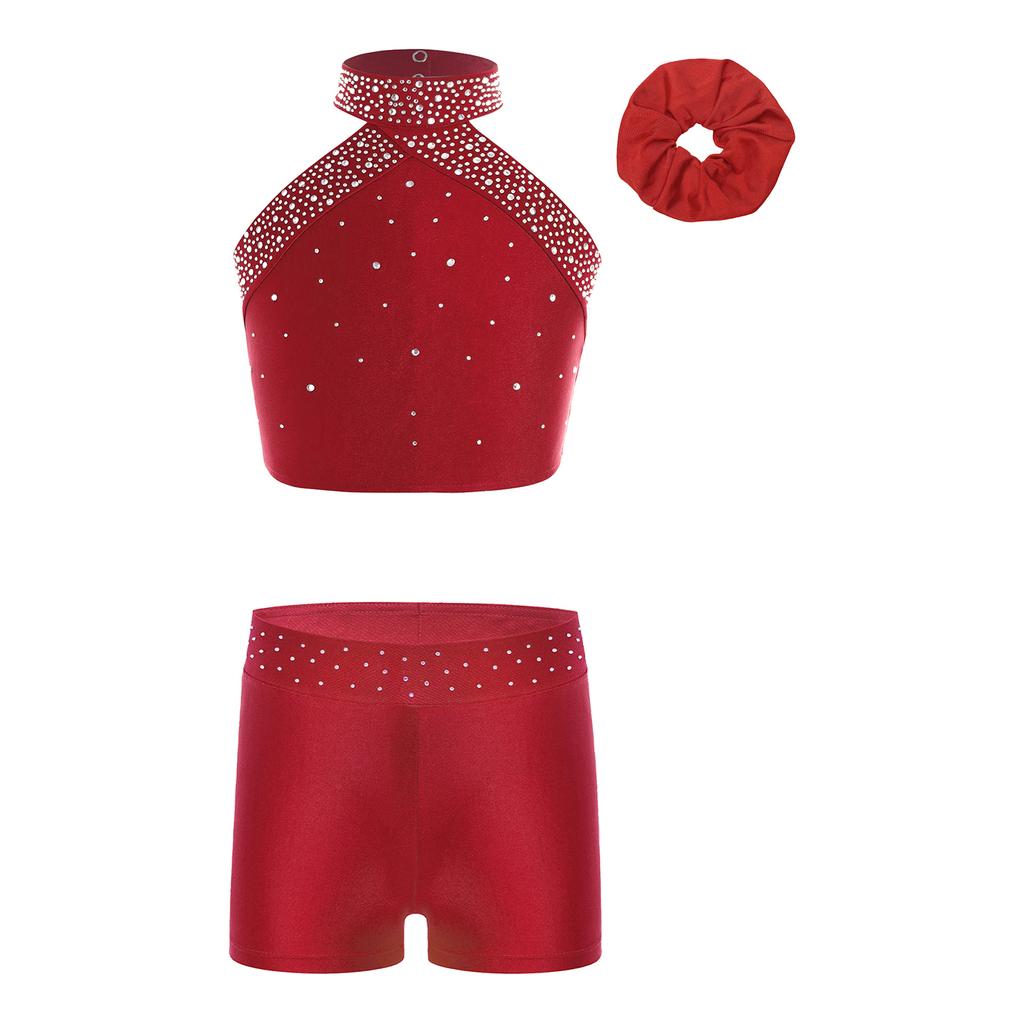Mädchen Eiskunstlauf Kostüm Neckholder Ärmellos Rückenfrei Weste Strass Shorts Haarreif