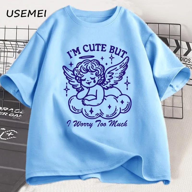 

Я милый, но слишком много беспокоюсь. Мужские футболки с коротким рукавом, хлопковая летняя повседневная одежда, топы, хип-хоп, свободная хлопковая футболка 4XL