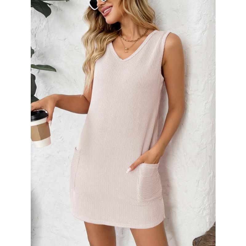 Sommer V-Ausschnitt Ärmellos Damen Weste Kleid Elegant Locker Taschen Einfarbig Tasche Mode Einfach Kurze Kleider Lässig Büro Einfache Kleidung