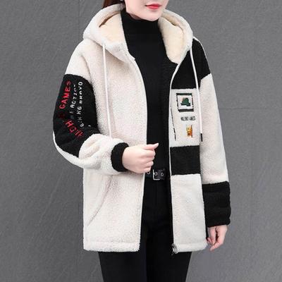 Damen-Herbst-Winterjacke mit Kapuze, Farbblock, dicker Plüsch, lange Ärmel, Buchstaben-Stickerei, Kordelzug, weich, gemütlich, Reißverschluss, Cosure-Cardigan, mittellanger Damenmantel