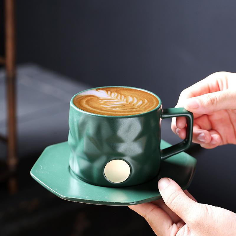 Juego de Taza de Café de Cerámica con Platillo, Taza de Agua Verde con Sello de Cobre
