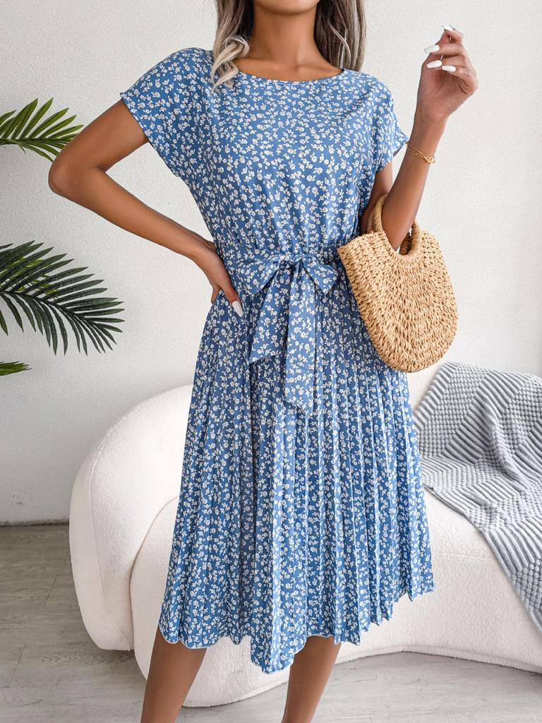 Abito stampato con scollo a O, elegante abito attillato per le donne, a maniche corte, abiti larghi, abito casual