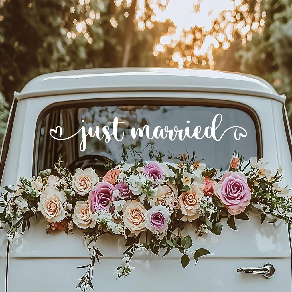 Just Married Car Vinyl Decal for Window Wedding Car Decal Wedding Vehicle Sticker Car Decal Heart Bird Sticker for Newly Weds 28x5.2 in