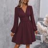 Women's Fashionable Solid Color V Neck Long Sleeved Pleated Versatile Dress