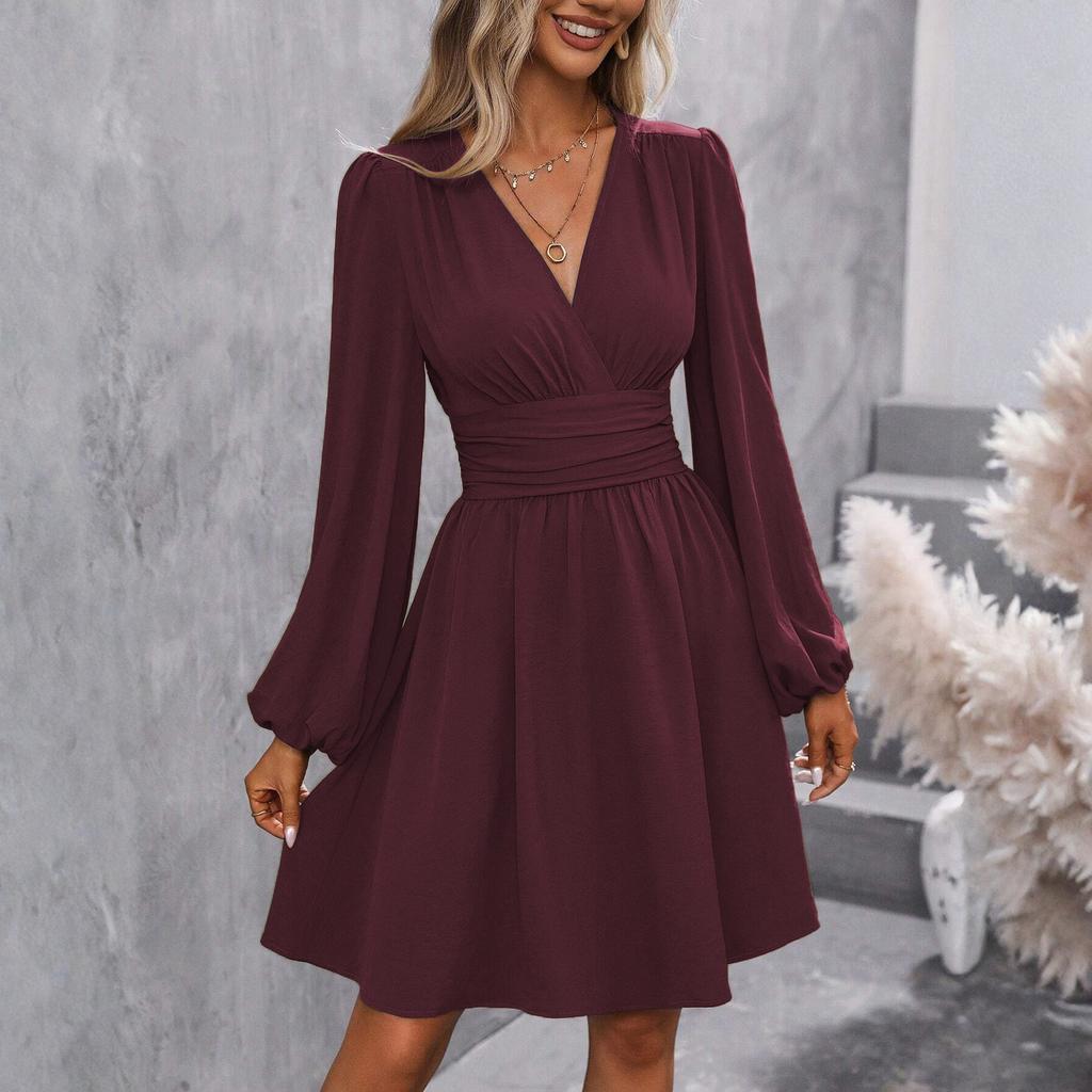 Women's Fashionable Solid Color V Neck Long Sleeved Pleated Versatile Dress