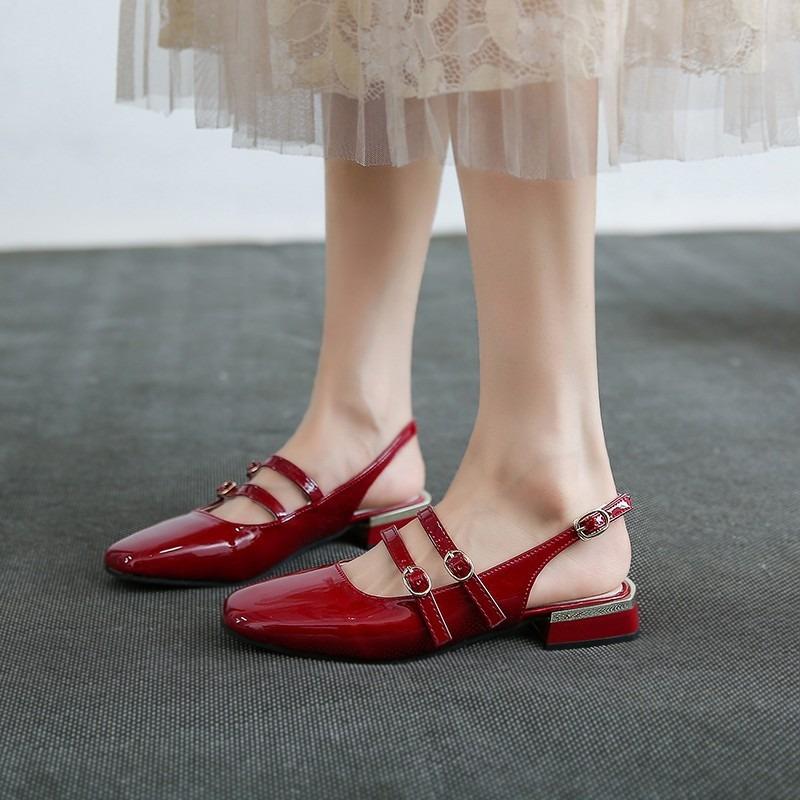 Fashion Mary Janes Women's Sandals Square-Toe Double-Buckle Patent Leather Heel Shoes  with Jean Styling Heels for Ladies Talons Femme