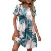 Women Short Sleeve Floral Print Crew Neck Casual Waist Tie Dress with Pockets Lightweight Relaxed Fit Summer Dress
