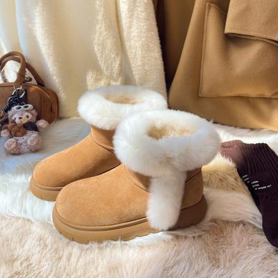 New Round Head Thick Sole Heightening Cotton Shoes Warm and Piled Thickened Rabbit Mao Mao Sangpo Snow Boots Women's Winter