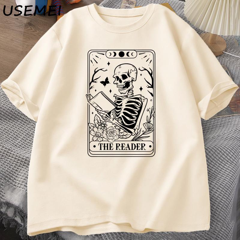 

The Reader Tarot Card TShirt Skeleton Reading T Shirt Summer Cotton Book Lover Bookish Tshirt Unisex Women Unisex Oversized Tees XL
