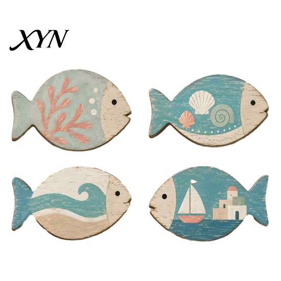 Beach House Wall Decor for Home 4Pcs Wooden Hanging Fish Art, Coastal Bathroom Plaque with Nautical Art Living Room Theme Bedroom, Rustic Ornament,