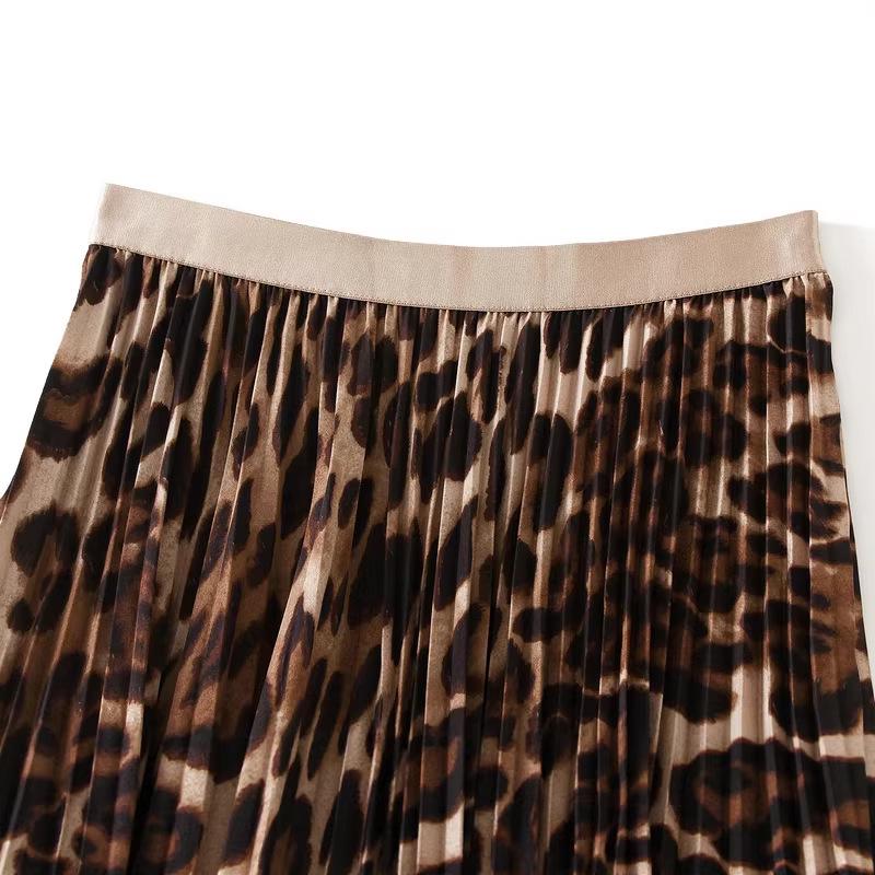 Spring 2026 Retro Leopard Print High Waist Pleated Midi Skirt for Women (D9908)