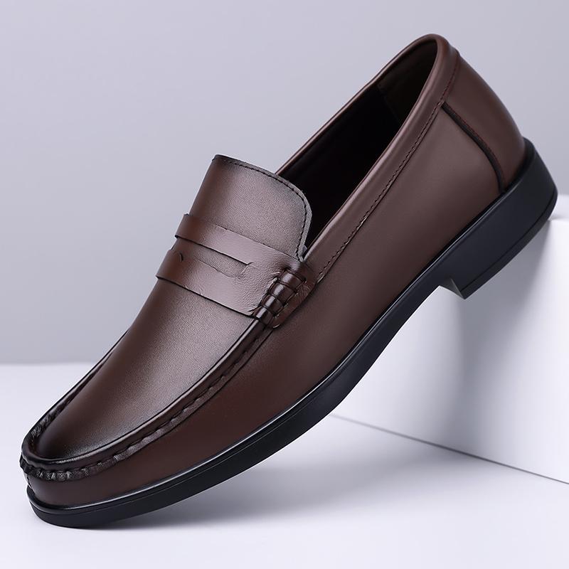 Fashion Brand Comfortable Round Toe Business Casual Leather Shoes Summer New Men Top Layer Cowhide Hollow Breathable Bean Shoes