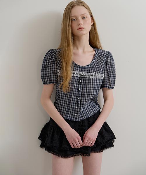 More Than Like Check Ribbon Lace Blouse - Navy Navy/Free