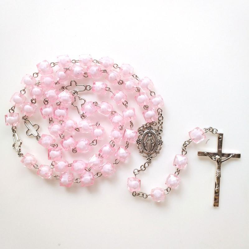 Pink Square for Cross Rosary Necklace Holy Catholic Jewelry Charm Pendant for Christian Church Home Bedroom Decoration