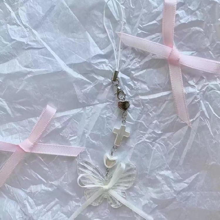 Bowknot Beaded Phone Lanyard Stylish Butterfly Keychain Pendant Phone Accessory