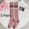3 Pairs Women Pink Striped Knee High Socks Fashionable College Style Soft Comfortable Sweat Absorbing Breathable Casual Socks