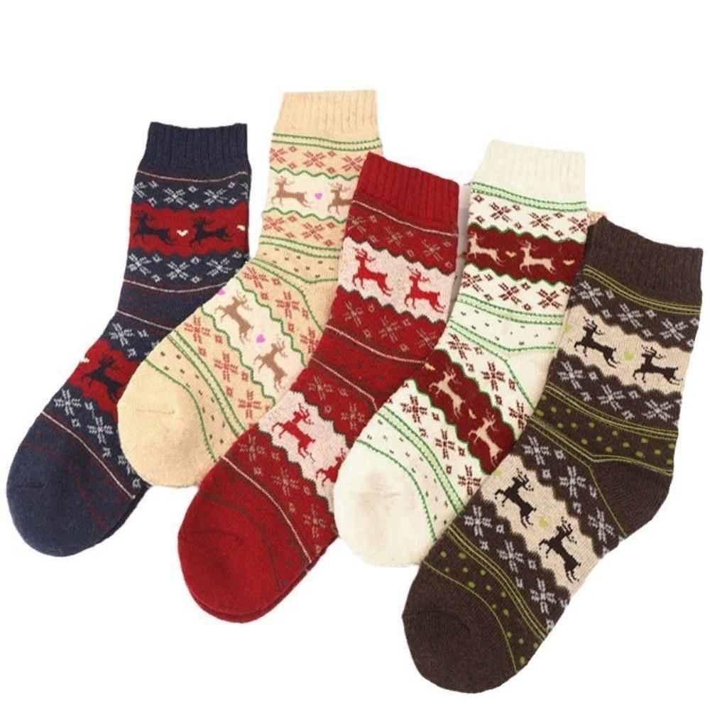 5pairs Thickened Deer Knit Winter Socks Soft Warm Mid-Calf Socks Christmas Reindeer Socks Autumn