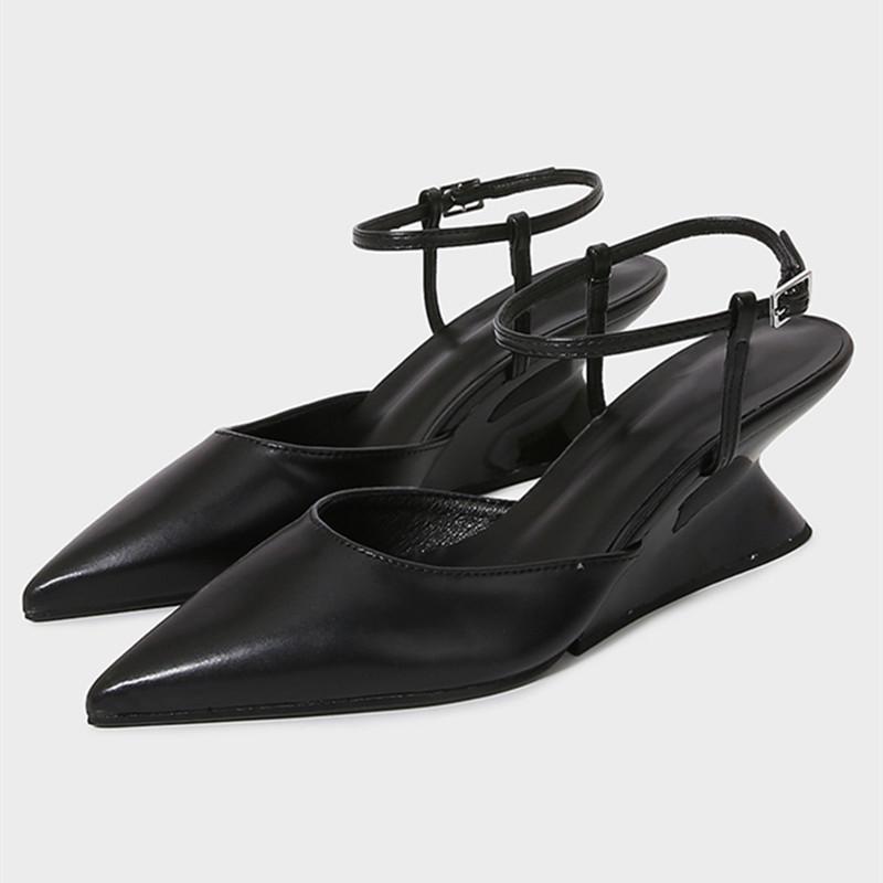 Fashion Fashion Wedge Heeled Sandals Women Sexy Pointed Toe Ankle Strap Buckle Mules High Heels Black Summer Designer Shoes for Women