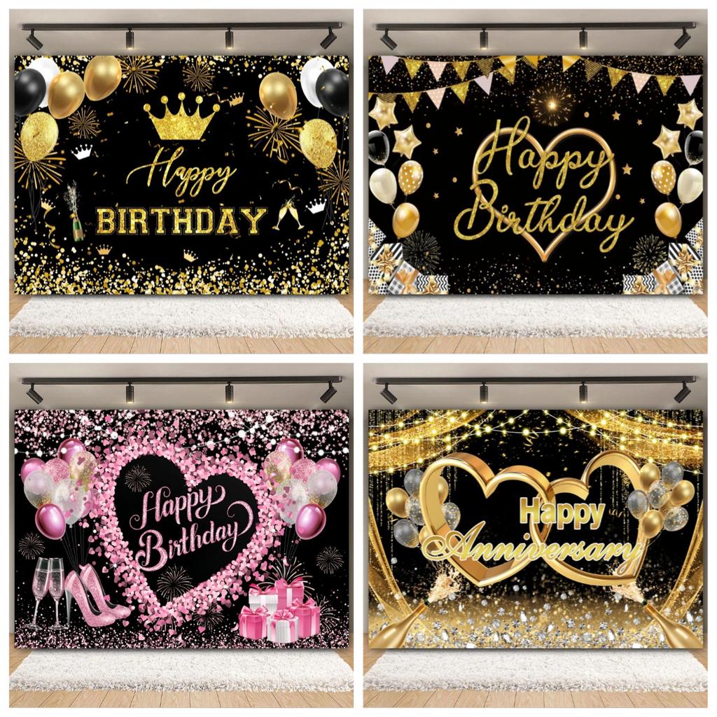 Happy Anniversary Backdrop Gold Balloon Glitter Love Heart Flower Birthday Party Bridal Shower Wedding Photography Background