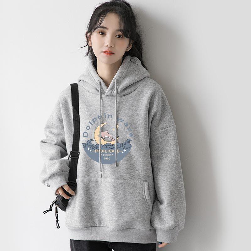 Autumn Winter Plush Hoodie for Women Loose Oversize Thick Student Moon Print All-match Pullover Hooded Top