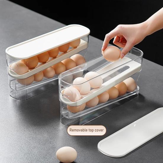 2-stufiger Eierhalter für rollende Eier Aufbewahrungsbox Platzspender Klarer Kühlschrank Automatischer Spar-Eierorganisator