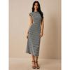 Fashionable Casual Multi-color Striped Fitted Round-neck Short-sleeved Long Dress for Ladies
