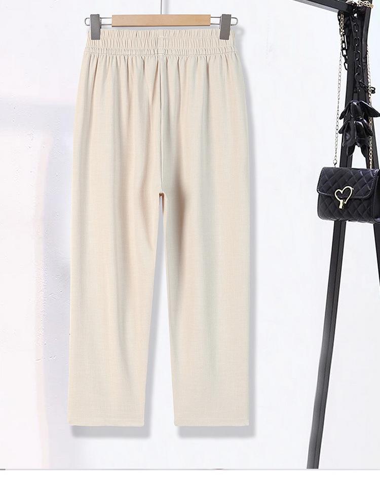 Mom's Summer High-Waisted Elastic Straight Leg Embroidered Pants for Middle-Aged Women