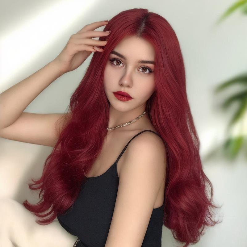 New Wine Red Long Curly Hair Synthetic Wig | Fashion Fluffy Big Wave Micro Roll Breathable Wig