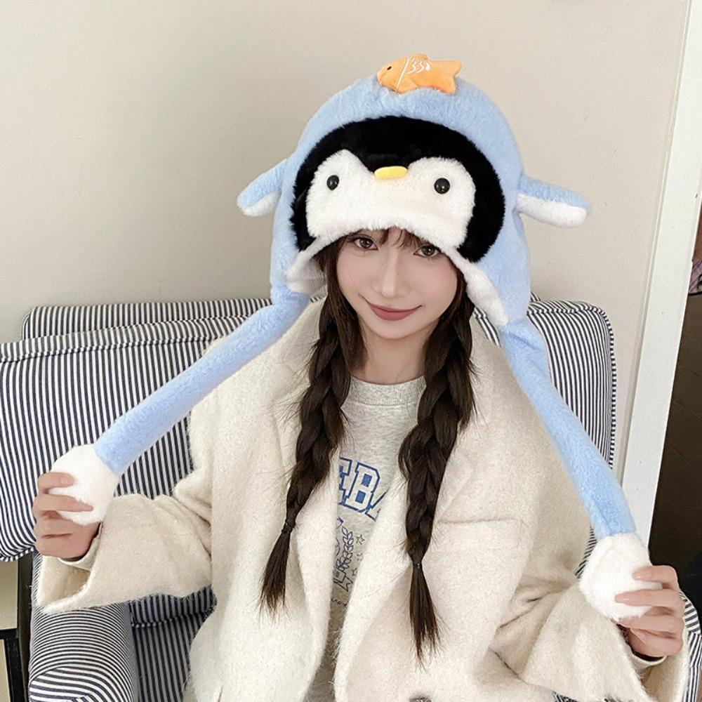 Kawaii Fluffy Pullover Hat Windproof Warm Lei Feng Cap Sweet Penguin Ear Moving Hat Girls