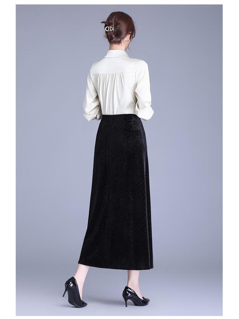 Black High-Waisted A-line Velvet Skirt - Elegant Mid-Length Design for Spring & Autumn