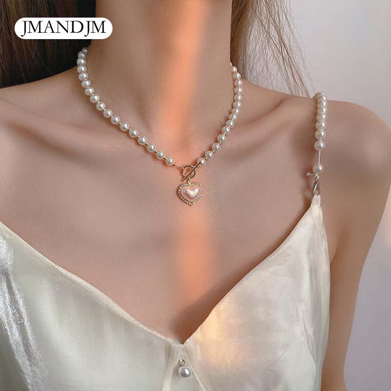 Nytt elegant perleperlekjede for kvinner Damemote Rhinestone Shell Heart Pendent Halskjede Choker smykker LXY