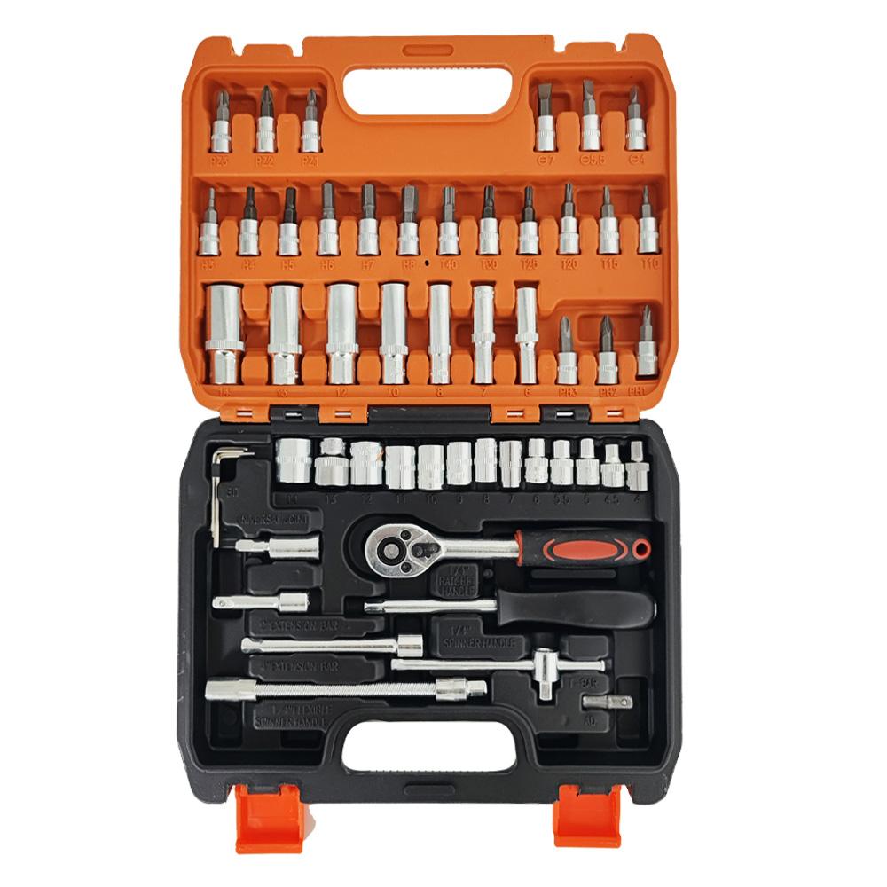 53-Piece Auto Repair Kit with 1/4 Inch Ratcheting Wrench and Carbon Steel Socket Hard Case Box Storage for Car Repair Tools