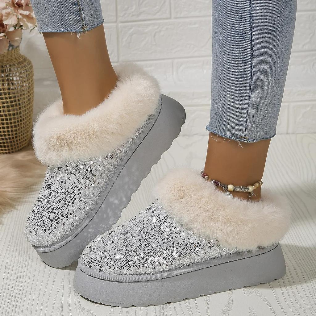Fashion 2024 Autumn and Winter New Women's Thick Bottom Thick Plush Snow Boots Anti slip Waterproof Glitter Cotton Boots
