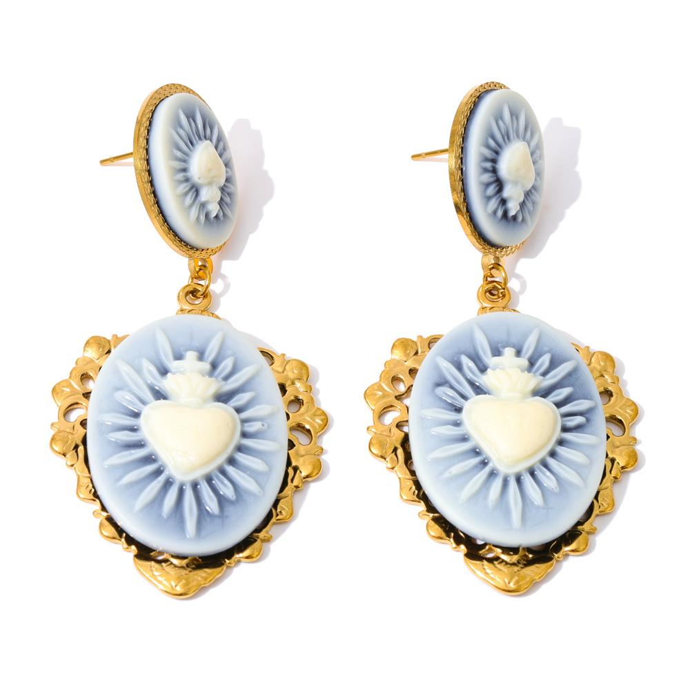 Eetit French Style Resin Heart Flower Drop Dangle Palace Earrings for Women Stainless Steel Fashion Vintage Jewelry Waterproof