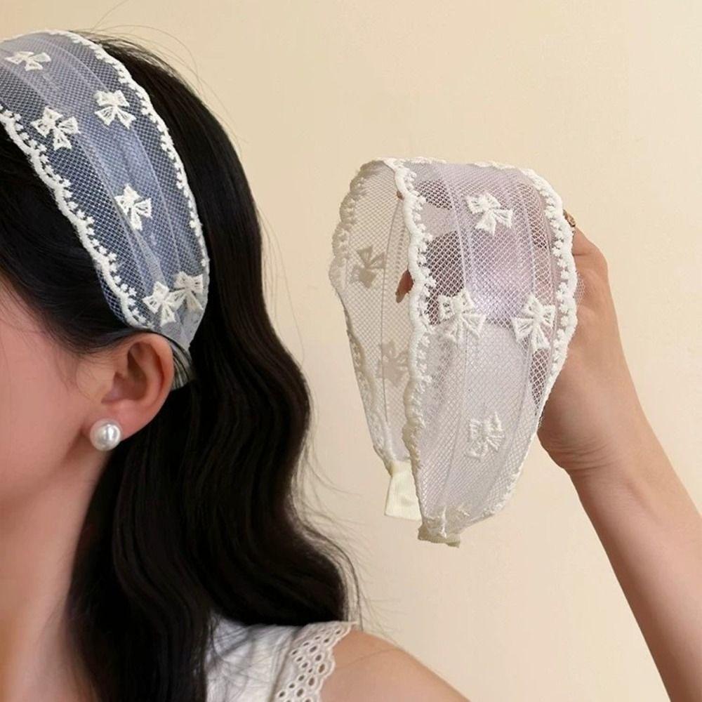 Koreanischer Stil Stickerei Spitze Stirnband Breite Ränder Netz Haarreif Elegante Schleife Haarband Damen