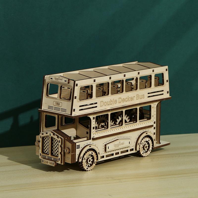 Cross-border New 3D Three-dimensional Jigsaw Puzzle Assembled Toys DIY Creative Wooden Double-decker Bus Toys Puzzle