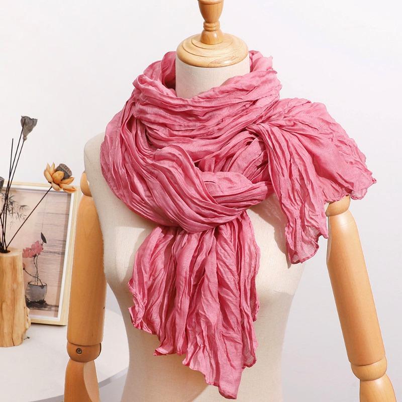 All-Season French-Style Vintage Solid Color Crinkle Pleated Scarf Lightweight Pleated Neck Scarf Shawl, Versatile Solid Color Autumn and Winter