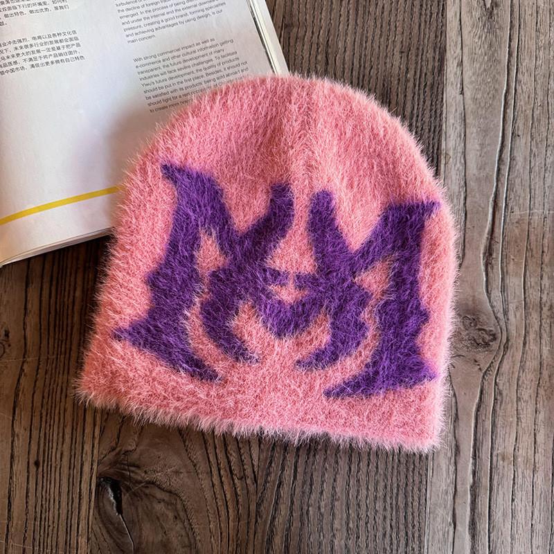 Fashionable Street Style Jacquard Faux Mink Plush Neutral Knitted Hat Winter For