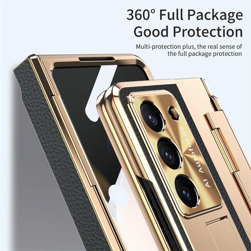 Full Protection Hinge Case for Samsung Galaxy Z Fold8 Ultra / 7 6 5 4 3 Plating PC+Leather Tempered Film Folding Kickstand Cover