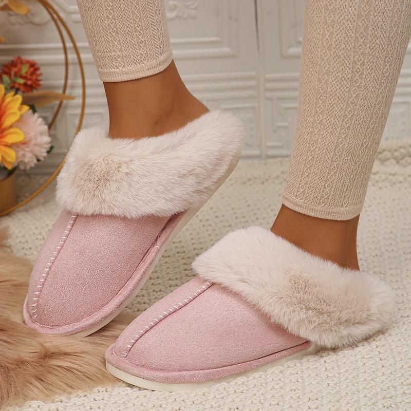 Fashion Closed Toe Warm Cotton Slippers Women Faux Fur Thicken Plush Winter Home Shoes Woman Lightweight Casual Indoor Slides Female