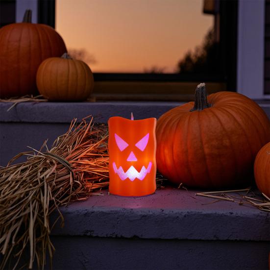 Bougie d'Halloween sans flamme avec lumière LED, Design Visage de Fantôme Citrouille Crâne Sécurisée à Piles Décoration Intérieur Extérieur pour Fête Maison Hantée