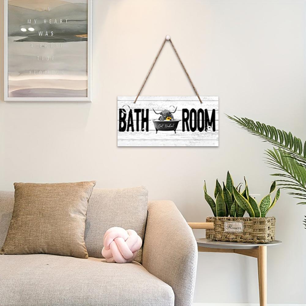 1pc Humorous and Funny Bathroom Sign,Sunflower Highland Cow Bathing In Bathtub, Wooden Hanging Plaque Decoration, 3.94in×7.87in